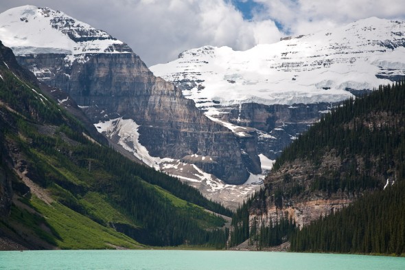 Lake Louise. The crag lies bottom right of the photo