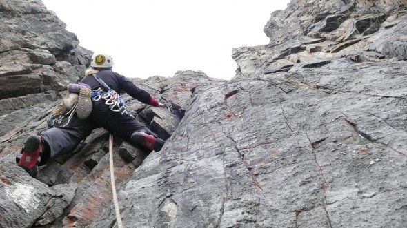 We swung leads the whole way up. Hana crushing pitch 2... There was the odd fixed pin, and the belays were bolted, otherwise it was nice trad climbing on variable rock... it got better the higher we went.