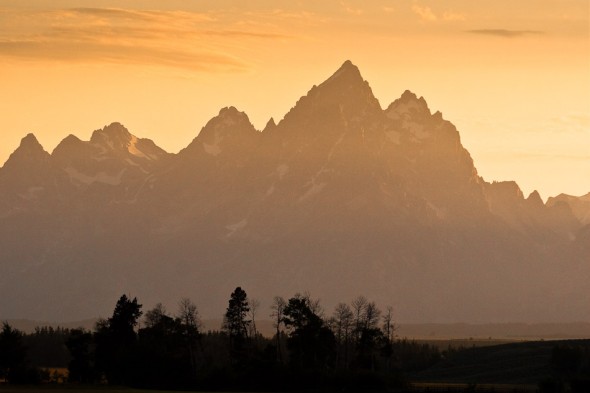 Teton Range from the highway. Exum Ridge of Grand Teton (4197m) is left skyline of the highest peak