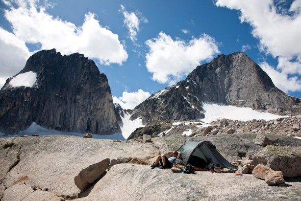 Camp for the next eight nights... Snowpatch Spire on the left and Bugaboo Spire on the right (with the oft-travelled Snowpatch-Bugaboo col between)