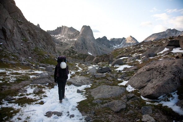 Four inches of snow melted pretty fast! Crossing Jackass Pass enroute to the Cirque. This was our first view of the peaks proper.