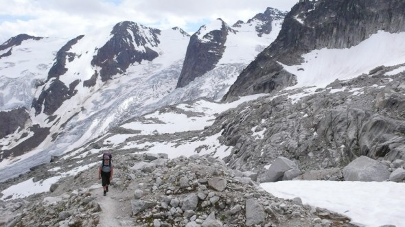Walking up the moraine between Conrad Kain Hut and Applebee Camp (the walk in to camp takes around 3 hours).