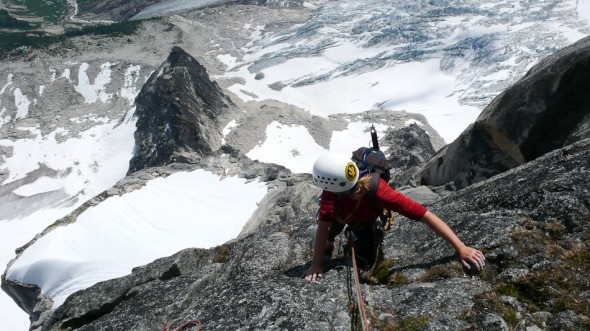 Looking down on the snowpatch from the upper pitches of the Snowpatch Route