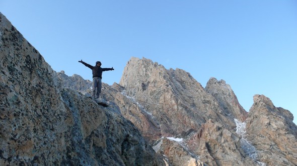 Me on the descent, with Exum and Grand Teton in background [photo by Hana]