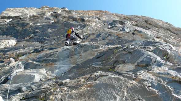 Me leading the ultra classic Black Wall pitch - steep juggy gneiss with super nice climbing (grade 16ish)