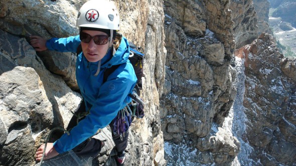 Hana at the top of yet another mega nice pitch on the Exum Direct - bit warmer by now!