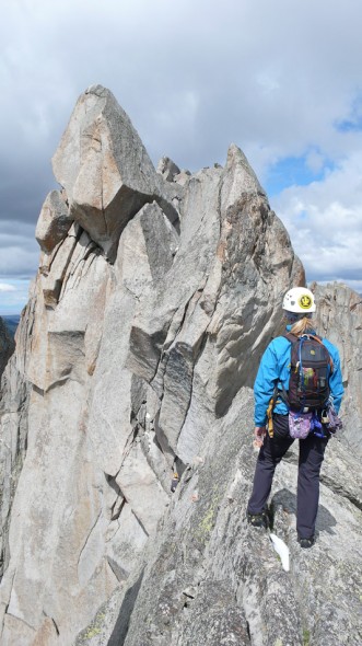 Hana contemplating the line on the east ridge of Wolfs Head. Rated 5.7, we pitched some sections and scrambled others.