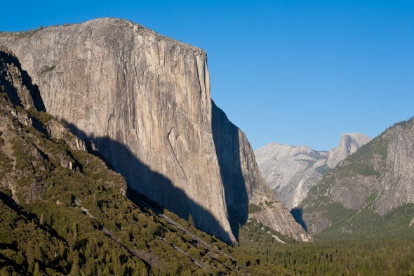 El Capitan and Yosemite Valley. Half Dome just visible at head of valley.