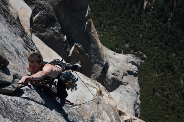 Climber near the top of the second to last pitch of the Salathe Wall, El Cap