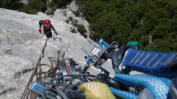 Helen Sinclair following pitch three. Free Blast (11b), Salathe Wall, El Cap.