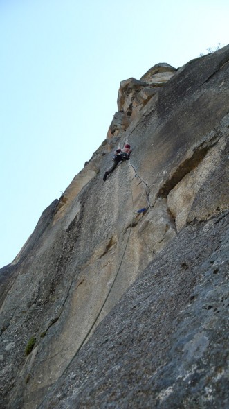 Me on the crux pitch (11c) of The Rostrum. Tight fingers to a rest and then a sustained flake with a tricky transfer at the top. I pumped out at the top (story of my life!) and took a good whipper onto a small wire. 