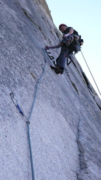 Helen aiding a bolt ladder, day one on the NW Face Half Dome.