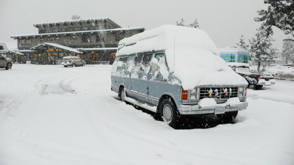 Outside the Mammoth public library - our spot for over 24 hours!