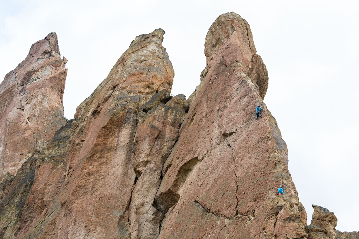 Sky Ridge (5.8R) on the Pinnacles is a popular outing.