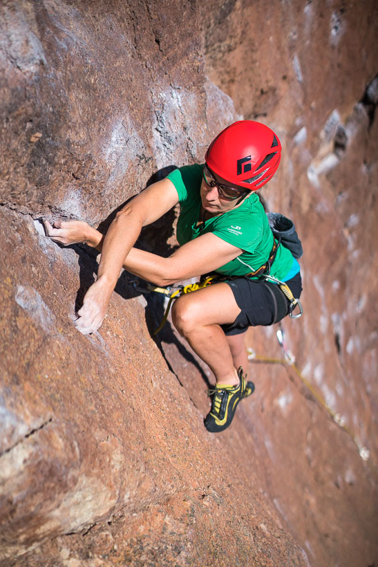 Hana crossed up on the classic 5.8 Hissing Llamas on Phoenix Buttress.