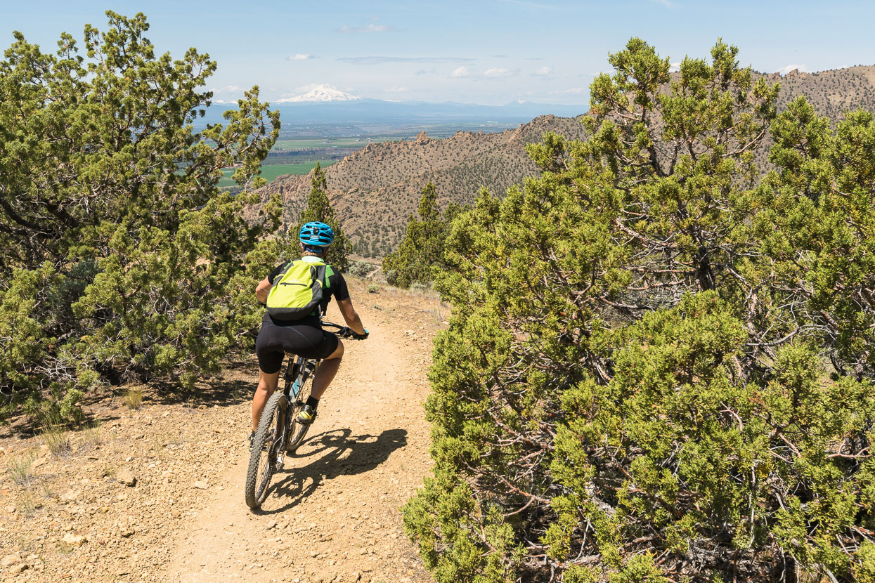 Zipping down the Summit Ridge trail with one of Oregon's iconic volcanoes in the background.