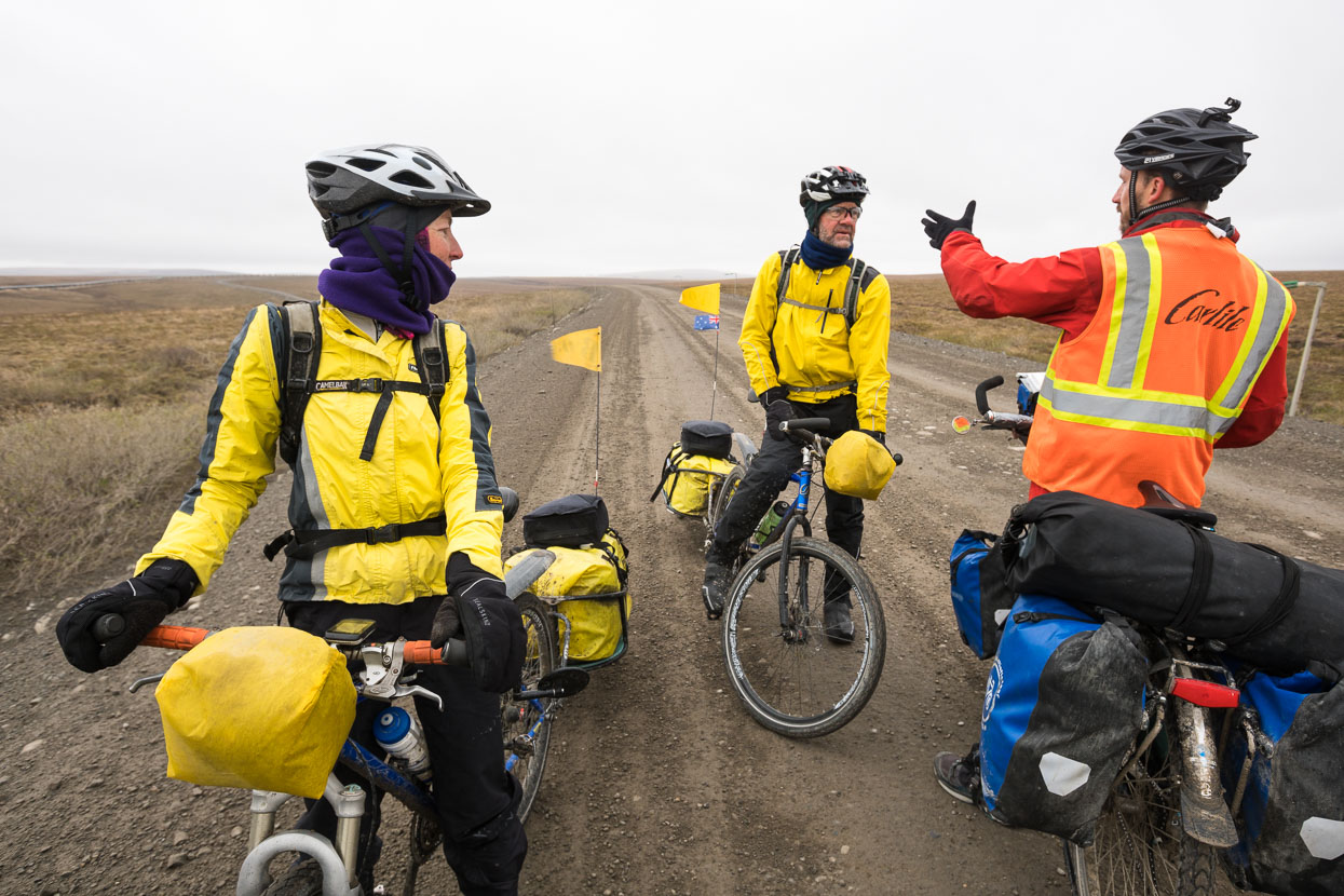 On the morning of day two we leave camp in cold and damp conditions and ride rolling hills, crossing paths with Gaye and Ed (Northbound for this section) who are also on an extended Americas tour. Check them out here.