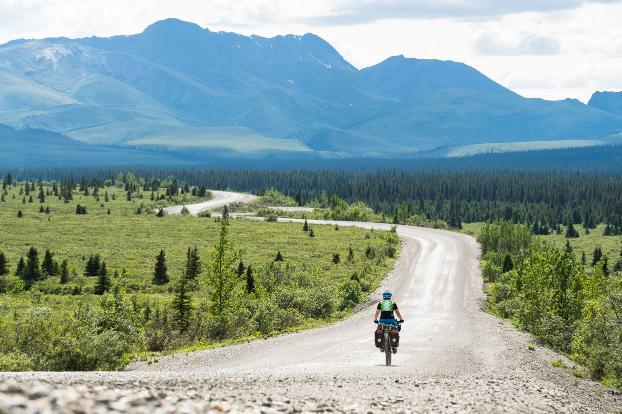 The Denali National Park road itself was a treat: a steady climb on tarmac away from the park entrance soon gave way to the crunch of gravel beneath our tyres and the satisfaction that comes from cycling on a narrower road. After Savage River (15 miles in) it was just us and the park buses, which generally slowed down and gave us a wide berth.