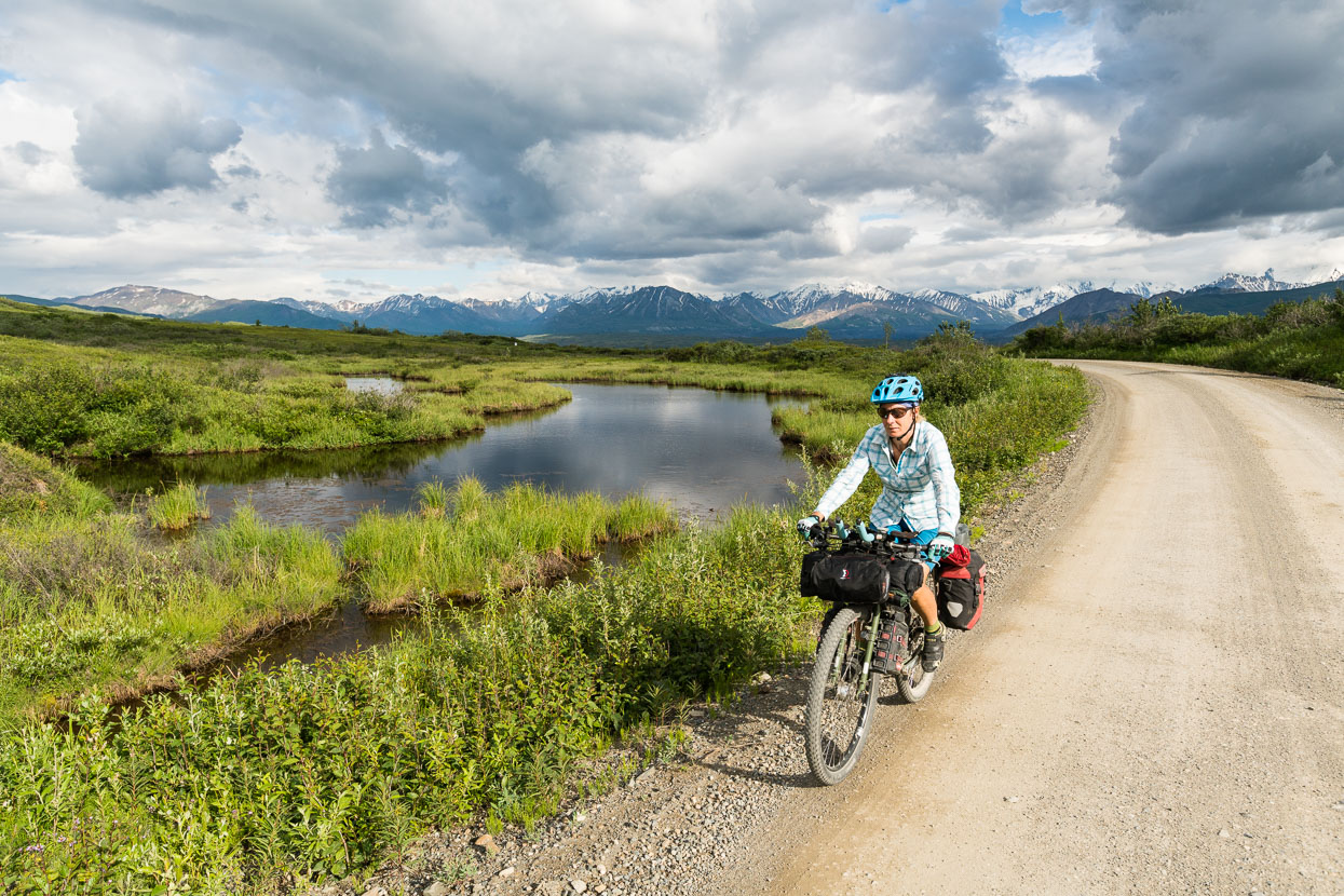 Our second day on the road entailed 85km, with three decent climbs. From Thorofare Pass, the road then drops 600m, sharply at first and then gradually with undulations for 35km down to Wonder Lake - great riding in the evening light.