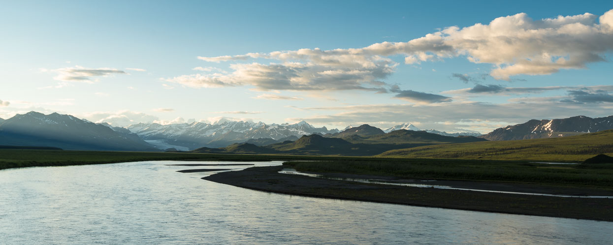 Alaska Range and evening light (10.30pm) from near our campsite at Maclaren River. The lodge here is a great stop for a burger. They also have acommodation, but right across the road is a perfect, free campsite with river views.