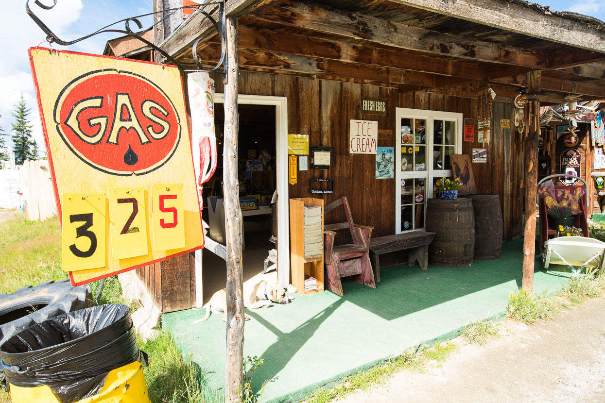 A string of rustic stores cater to every need: gas, souvenirs, basic groceries, booze, ice cream, chicken pie and burgers. The town has a few permanent residents but the highway in and out is closed during the long winter.