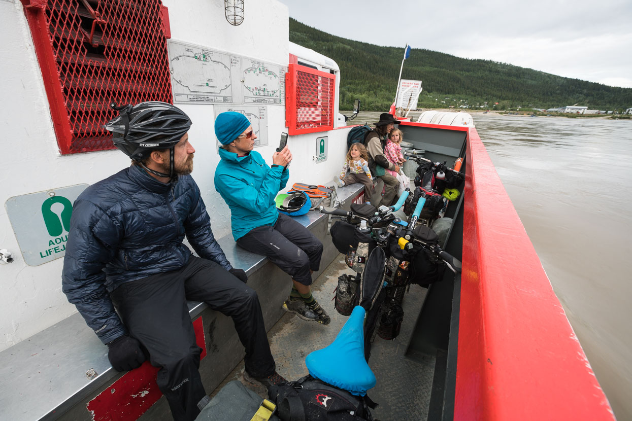 Emboldened with swigs of Yukon Jack from my birthday stash we flew down the 14 km descent to the Yukon River and had to wait for only a moment before hopping on the ferry across to Dawson City, the only way in if arriving from the west.