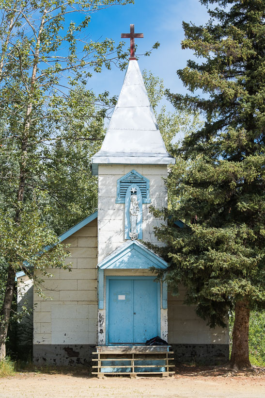 From Watson Lake we backtracked 20 kilometres of the Alaska Highway to the junction marking the start of our route south down the Stewart Cassiar Highway. This character church opposite a roadhouse at Upper Liard had caught my eye on the ride in.