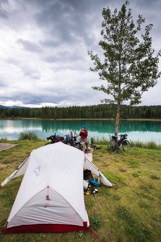 The Boya Lake campground, our first overnight stop on the Stewart Cassiar, made a great stop. The lake's shallow water – fed from streams draining limestone ranges – was incredibly clear and a beautiful colour, even under the grey skies that were forecast for the following days.