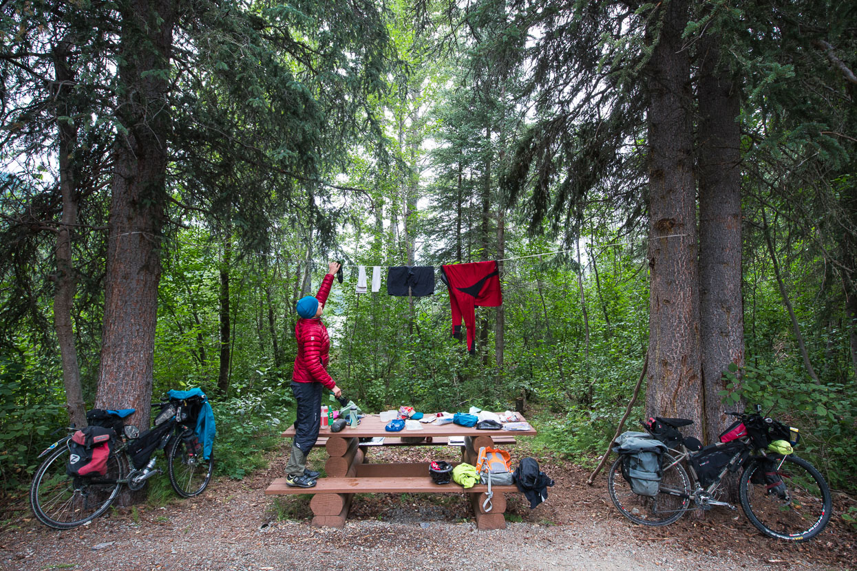 About half of our nights on the road are spent at official campsites; sometimes commercial, but more often state run of some kind - the most basic being free, but offering pit toilets and picnic tables, like this one at Sawmill Point, Dease Lake. Paid state camp grounds usually have a potable water supply as well and bear lockers for food storage. Most of the rest of the time we free camp at rest areas, gravel laybys or wherever we can find a relatively quiet spot.