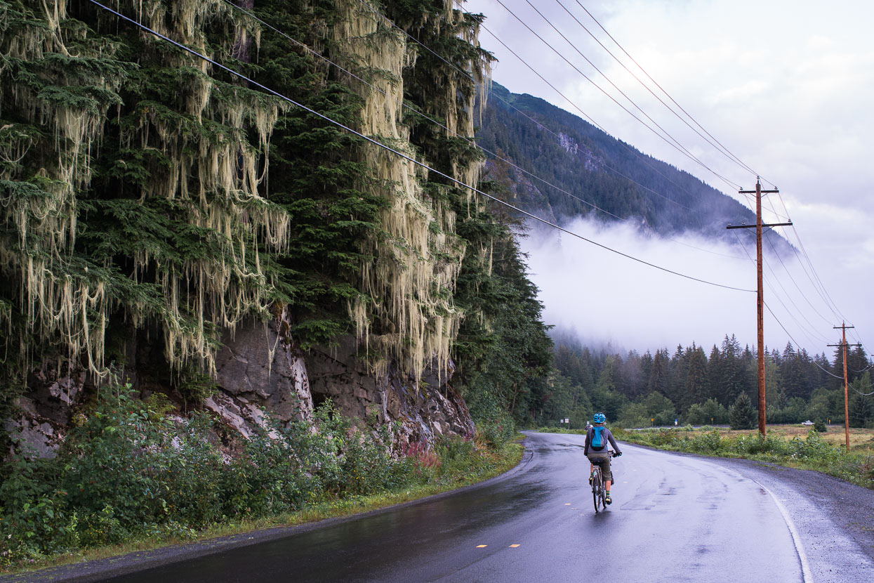 Returning along the coast from Hyder to Stewart; the lichen draped trees an indicator of this damp coastal enviroment. The humidity here took a bit of getting used to after the high and dry country we'd been experiencing.